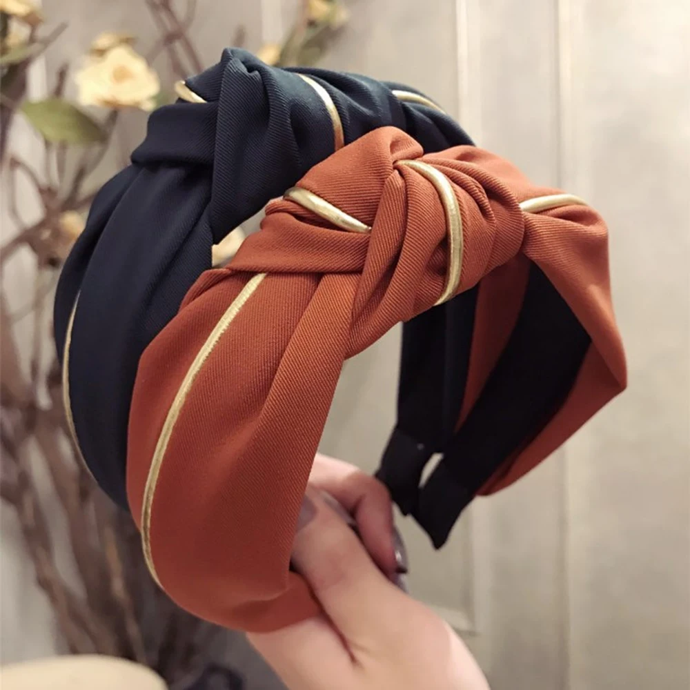 Solid color gold rim knotted fabric wide side headband tiara wash makeup sweet cute accessories non-slip Fashion personality |