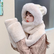 шапка Winter New Hat Gloves Scarf Three Piece Set In One Female Fur Warm One-piece Outdoor Fashion Thickened Plush Cap