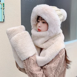 шапка Winter New Hat Gloves Scarf Three Piece Set In One Female Fur Warm One-piece Outdoor Fashion Thickened Plush Cap