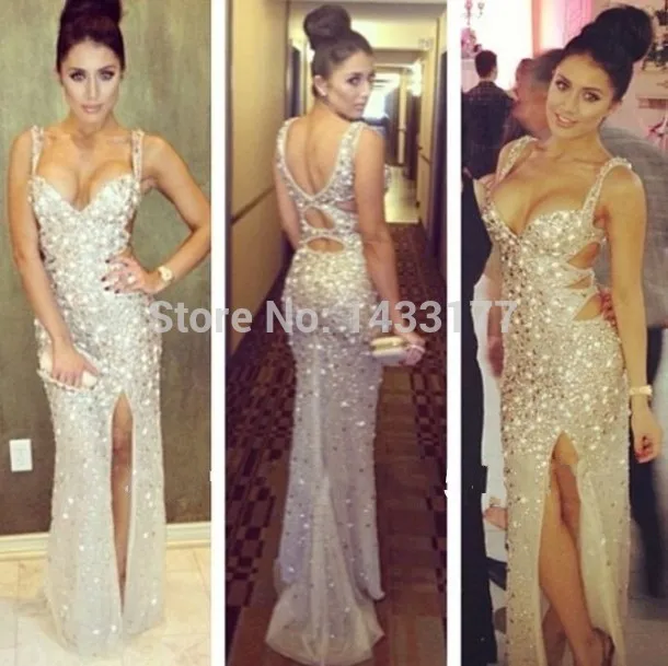 

free shipping Asymmetrical Neckline Spaghetti Strap Backless Floor Length Sheath Crystal Beaded Prom Dresses Women Evening Party