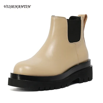 

Thick-soled Height Increase Flat Platform Ankle Chelsea Boots Beige Round Toe Versatile Stretch Black Real Leather Chunky Shoes