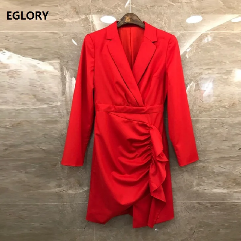 

High Quality Work Dress 2019 Autumn Office Lady Notched Collar Ruffles Patchwork Pleated Red Black Coffee Dress Sexy Clubwear