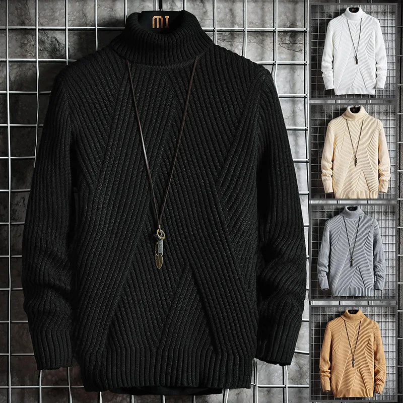 Suéter de cuello alto para hombre, Jersey ajustadas coreanas con cuello de tortuga para jóvenes estudiantes, jersey de solapa, Jersey de punto, camisa Base, tendencia, Otoño/Invierno, 2020