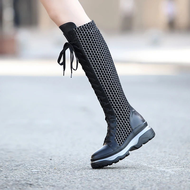 ENMAYER/ г. Модные сапоги на платформе женские сапоги до колена из натуральной кожи мотоциклетные сапоги на шнуровке с круглым носком зимняя женская обувь