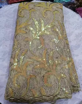 

Champagne Gold 2019 High Quality African Lace Fabric , French Net Embroidery Sequins Tulle Lace Fabric For Nigerian Party YYZ89