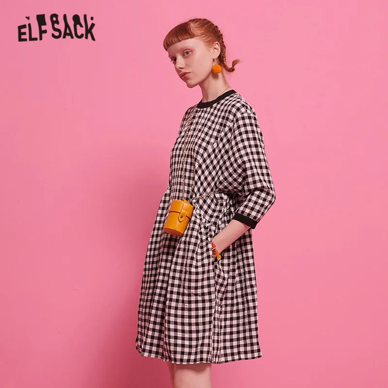 ELFSACK, клетчатое Повседневное платье трапециевидной формы для женщин, осень, модное джинсовое прямое офисное женское платье с воланами и рукавами