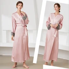 Autumn and winter long ladies nightgowns Comfortable lace up imitation silk nightgown bathrobes  cardigan long sleeved home wear