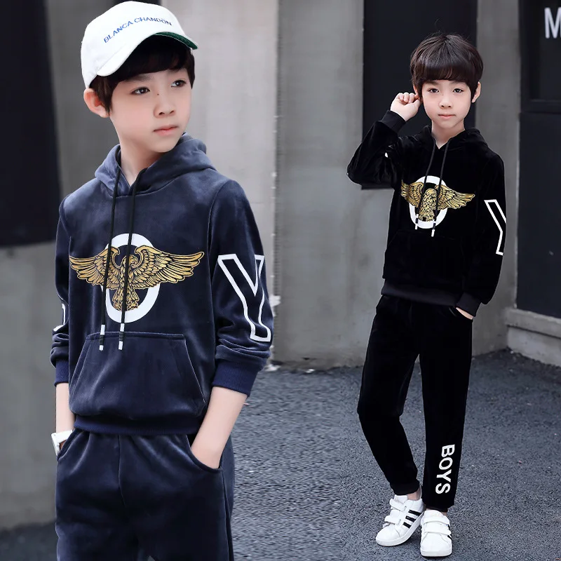 

Childrenswear BOY'S Spring And Autumn Solid Color Hooded Set 2018 Big Boy Gold Velvet Lettered Cartoon Two-Piece Set