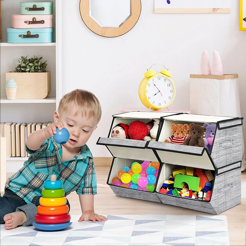 

Set of 4 Storage Bins Stackable Cubes Stackable Design Durable Breathable Non-Woven Fabric Metal Frame Home Storage Boxes