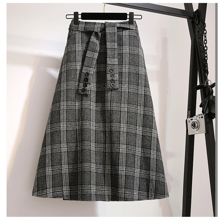 Осенне-зимние женские плотные шерстяные юбки размера плюс, клетчатые юбки средней длины, Повседневная Свободная Офисная Женская юбка с эластичным поясом, базовая юбка
