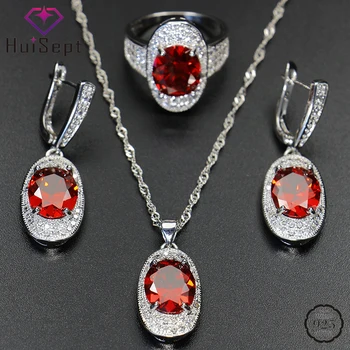 

HuiSept Silver 925 Jewelry Set Ring Earrings Necklace with Ruby Sapphire Gemstone Fine Accessory for Women Wedding Dropshipping