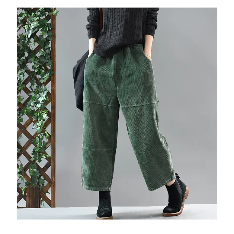 QPFJQD осень зима женские хлопчатобумажные брюки эластичный пояс Свободные Теплые вельветовые брюки повседневные сплайсированные Женские винтажные шаровары