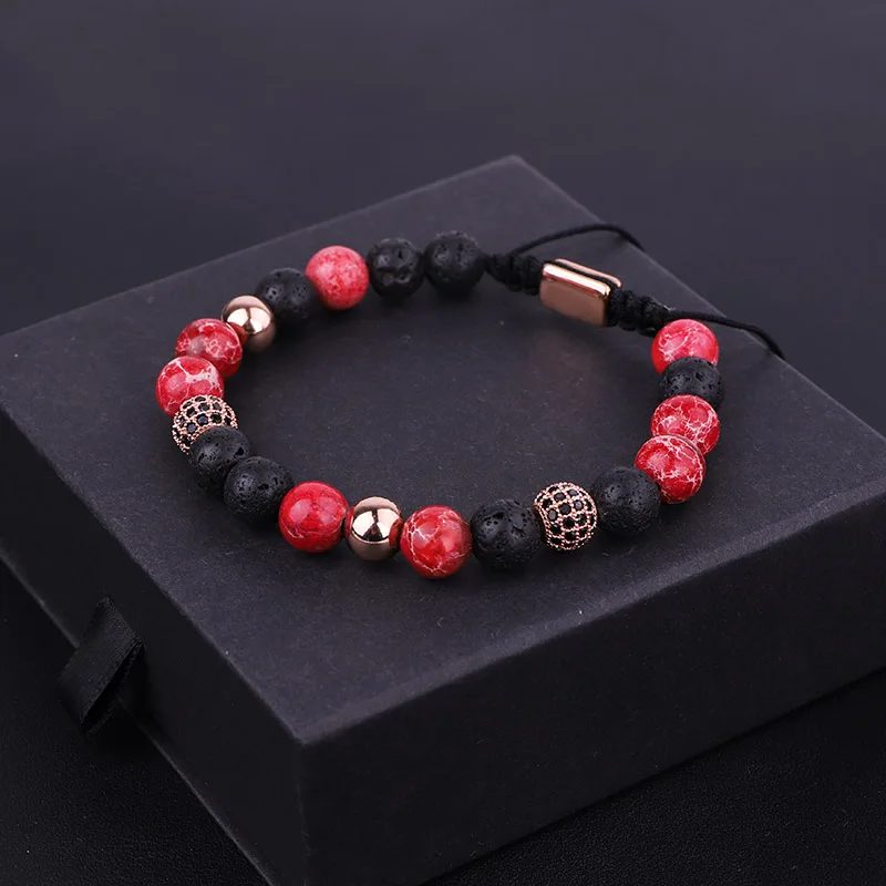 New Fashion Natural Stone Red Imperial Stone CZ Ball Bead Braided Bracelet Women Men - Image 4