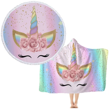 

Soft Microfiber Beach Towel Unicorn Printing Summer Hooded Beach Towel Swimming Bath Towel Adults Children Round Yoga Blanket