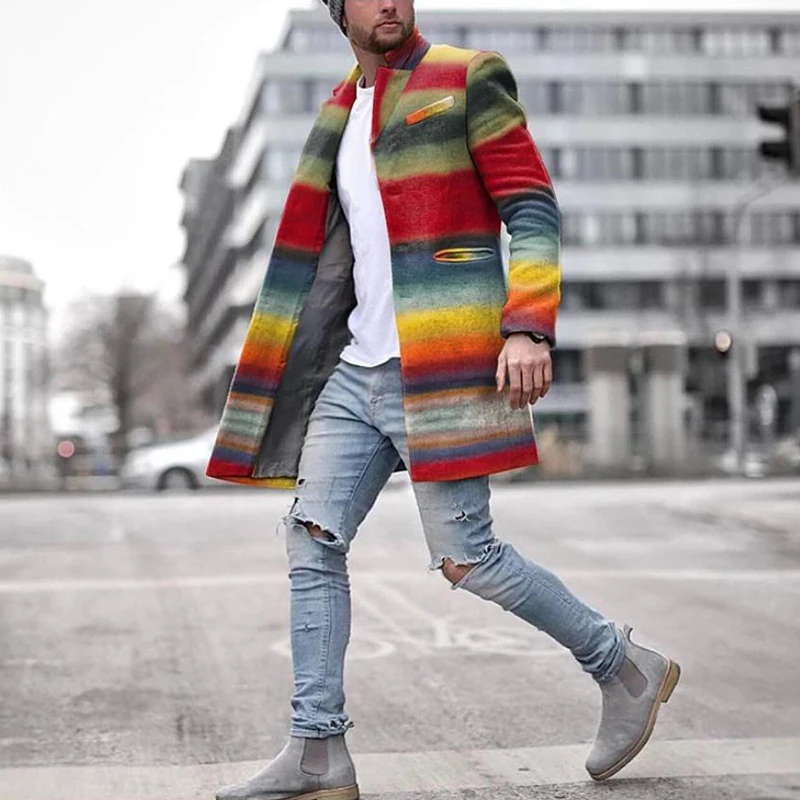 

Mens Winter Trench Coat Colorful Wool Warm Outwear Long Jacket Casual Overcoat