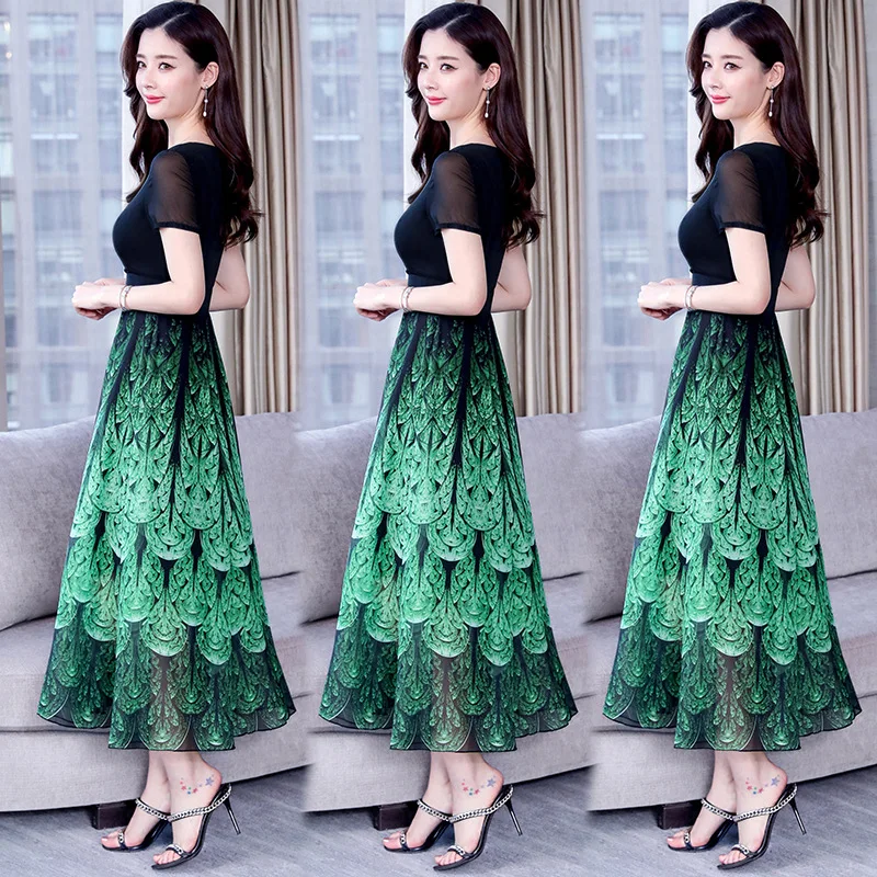 

2019 Summer Wear New Style Korean-style Chiffon Printed Dress Big Hemline Top Grade Beach Long Skirts