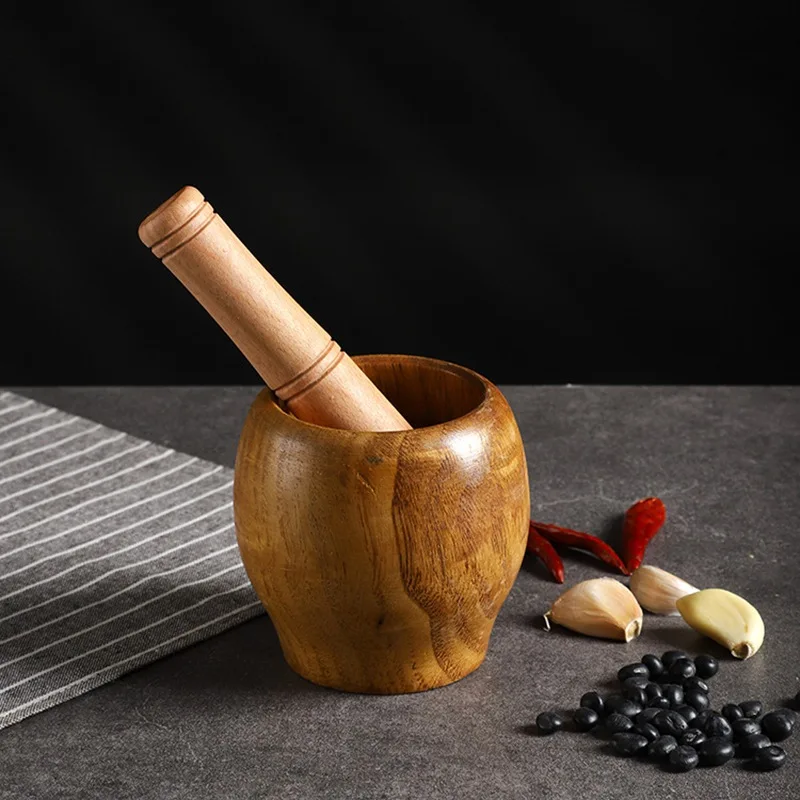 Natural Solid Wood Pounding Garlic Jar Household Wooden Old fashioned