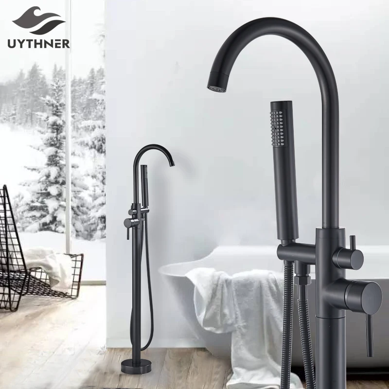 Uythner อิสระอ่างอาบน้ําก๊อกน้ําชุดยืน Bath Mixer TAP Dual Handle สีดําอ่างอาบน้ํา TAP สําหรับก๊อกน้ําห้องน้ํา 1