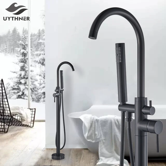 Uythner อิสระอ่างอาบน้ําก๊อกน้ําชุดยืน Bath Mixer TAP Dual Handle สีดําอ่างอาบน้ํา TAP สําหรับก๊อกน้ําห้องน้ํา 1