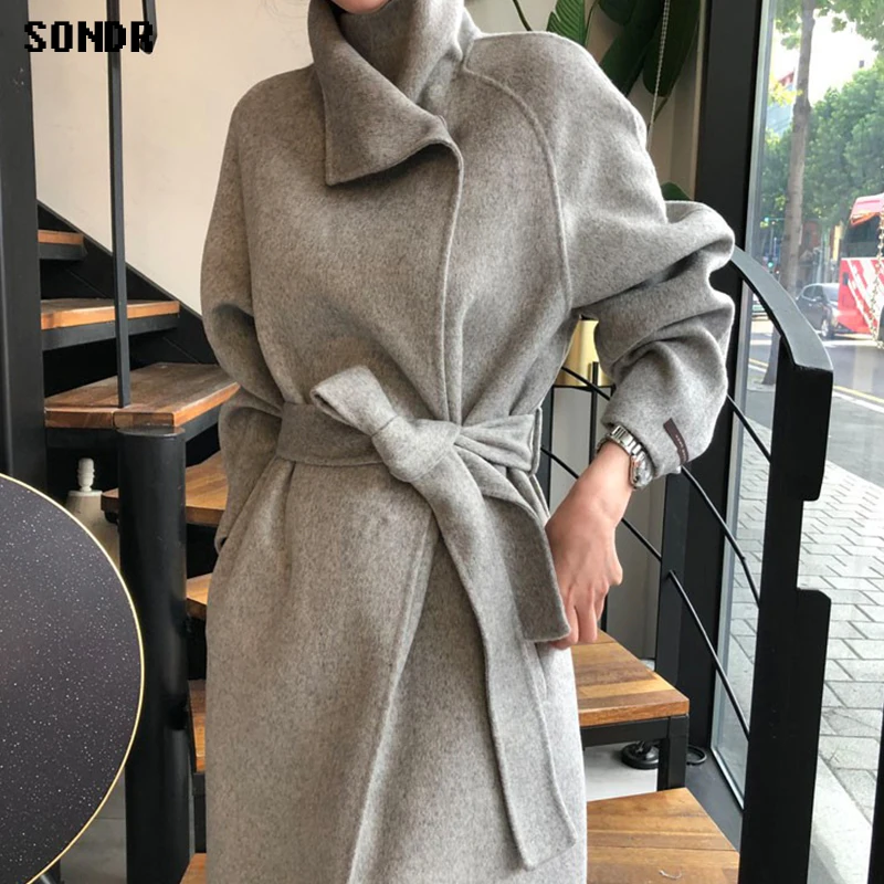 

One-Piece Korean Woolen Coat 2020 Winter French Elegant Office Ladies Stand-Up Collar Loose Warm Woolen Coat Women Long Coats
