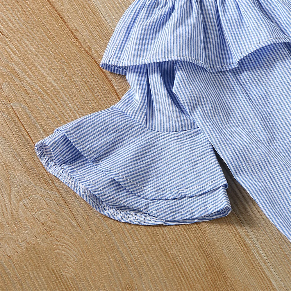 Комплекты одежды для новорожденных девочек 0-18 месяцев, комбинезон в синюю полоску с открытыми плечами и рваные штаны, комплект одежды