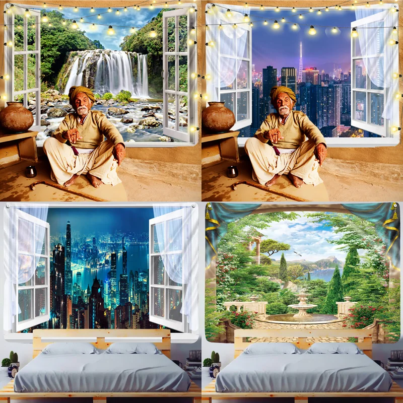 

Tapestry Wall Hanging Window grilles Tropical Leaves Flowers Pattern Beach Wall try Animal Backdrop Wall Cloth Carpet Tapestries