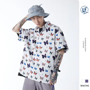 

Lawfoo 2020 Spring and Summer New Style National Trends Men'S Wear Covered with Butterfly Printed Shirt Men's Loose-Fit Short-sl
