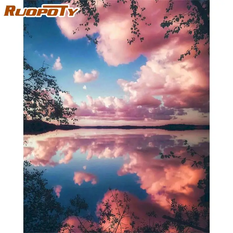 

RUOPOTY Frame Pink Cloud DIY Painting By Numbers Landscape Paint By Numbers For Home Wall Art Picture Unique Gift