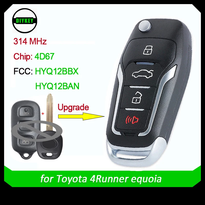

DIYKEY 314MHz 4D67 Chip HYQ12BBX/ HYQ12BAN Upgraded Flip 3+1 4 Button Remote Key Fob for Toyota 4Runner 2003-09 Sequoia 2004-07