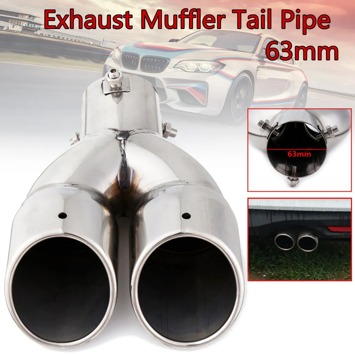 63mm Universal Double Outlet Car Muffler Exhaust Tip End Tail Pipe