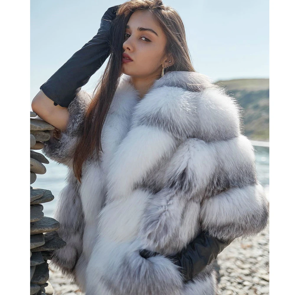 Women Natural Cross Fox Fur Jacket with Turn-down Collar Thick Warm Woman Fur Overcoats Winter Fashion Genuine Fur Overcoat 2022