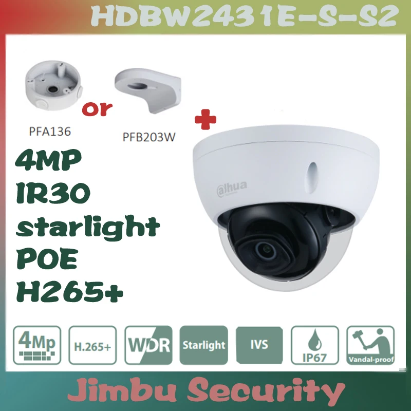 Dahua 4MP Dome Camera IPC-HDBW2431E-S-S2 starlight POE + PFA136/PFB203W camera video surveillance night vision ip camera indoor
