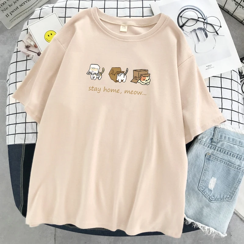 Stay Home Meow Cats женские футболки с принтом личности спортивные круглым вырезом