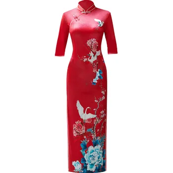 

New Arrival Oversize 3XL 4XL 5XL Autumn Vintage Half Sleeve Cheongsam Sexy Women Formal Long Dress Print Flower Velour Qipao