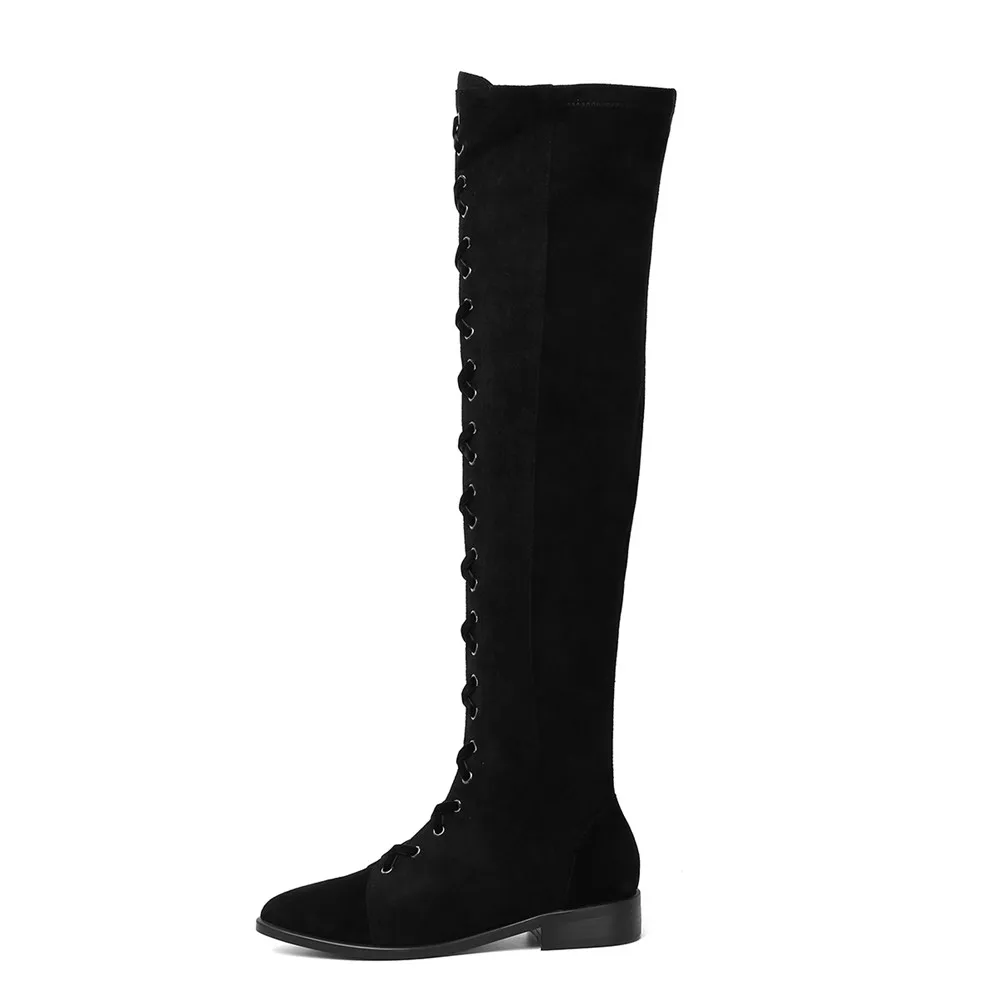 Karinluna Brand Genuine Leather Thigh High Boots Leisure Shoelaces Lady Chunky Heels Women Shoes Woman Over The Knee Boots
