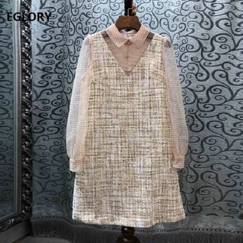 

High Quality Wool Dress 2019 Autumn Winter Fashion Women Turn-down Collar Polka Dot Mesh Patchwork Long Sleeve Dress Chic Party