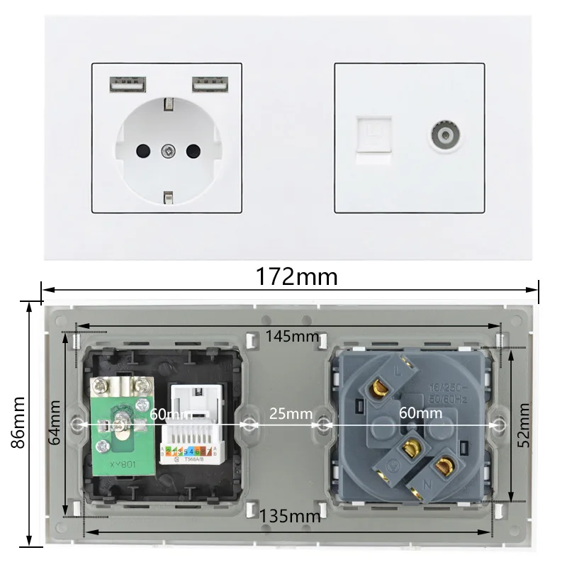 Alectric DE стандарт ЕС вилка двойная розетка RJ45 ТВ Televison компьютерная розетка настенная электрическая розетка двойной USB