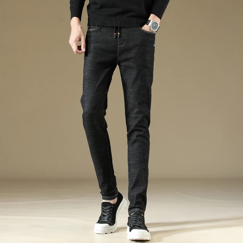 Tide Men Business Casual Slim Fit Elastic Jeans Fashion Printed Male Elastic Waist Drawstring Cotton Skinny Denim Trousers
