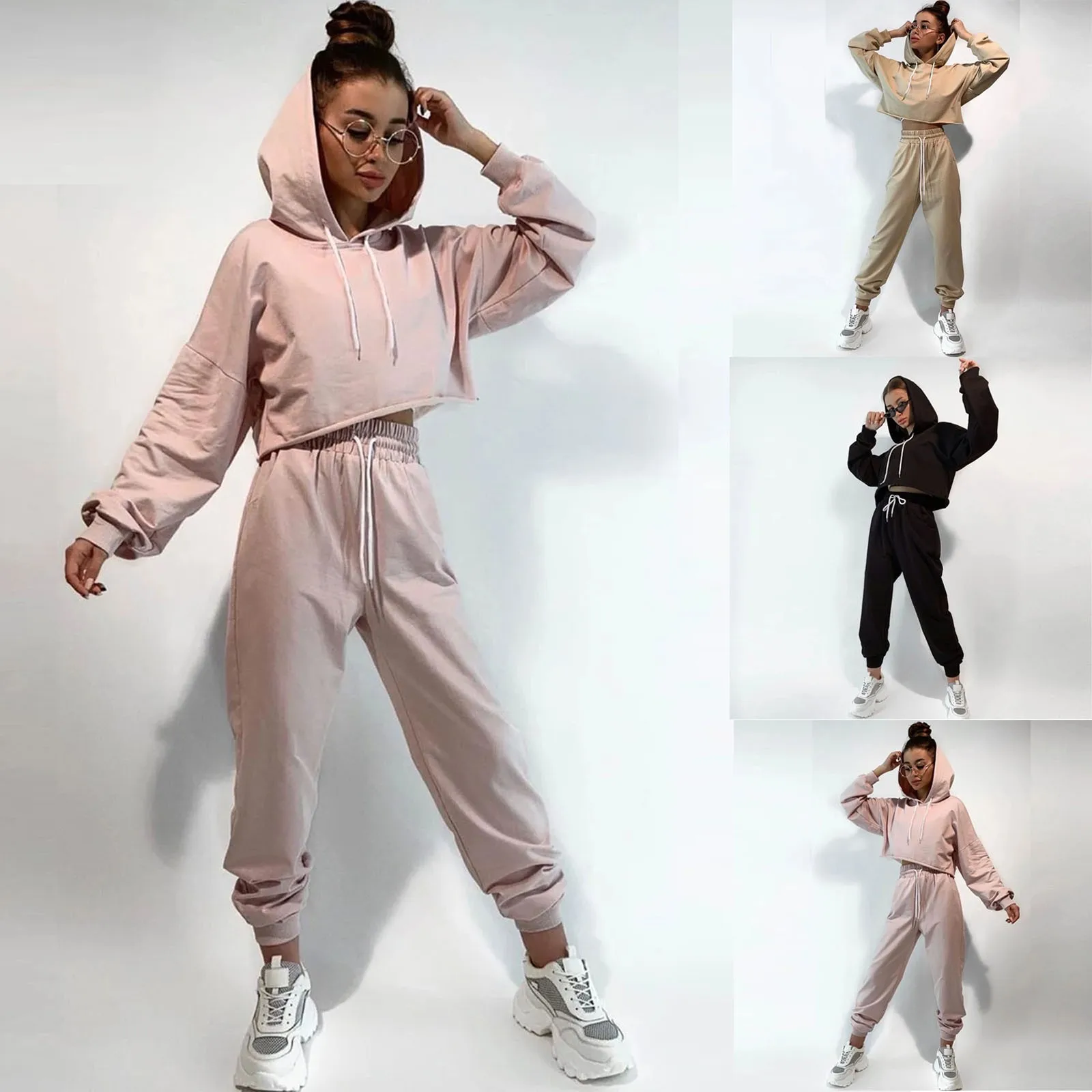 

Casual Two Piece Set Hoodie Solid Color Short Tops And Long Pants Loose 2 Piece Set Women Fashion Sexy Sport Female Tracksuits