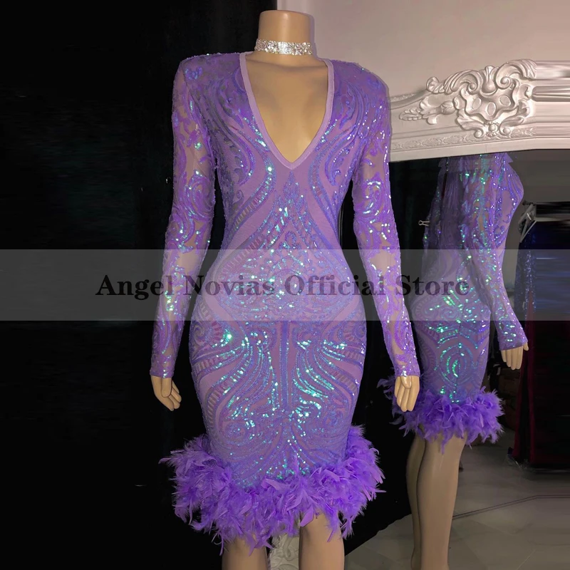 ANGEL NOVIAS Long Sleeves V Neck Purple Sequins Prom Dresses 2021 with Feather Mini African Black Girl Party Graduation Dress blue prom dresses