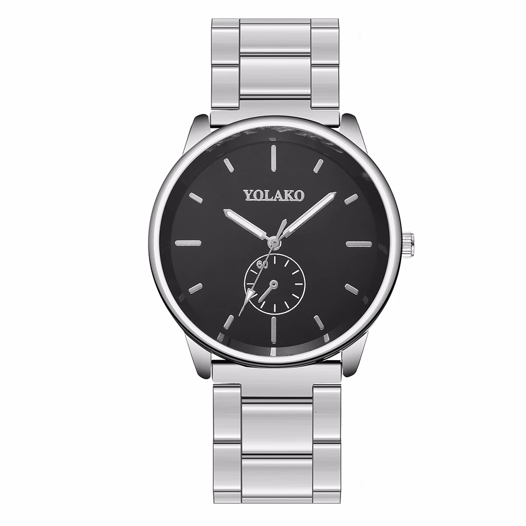 silver black YOLAKO Брендовые мужские деловые часы из нержавеющей стали эксклюзивные мужские часы кварцевые часы Relogio Masculino Hot - Цвет: silver black