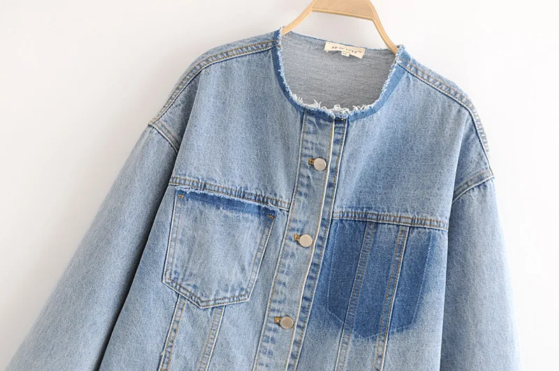 

2018 Autumn New Style Collarless Mixed Colors Pocket Denim Jacket Street-Style Loose-Fit Long-sleeved Coat 7960