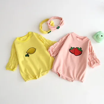 

Infants Baby Spring Lemon and Strawberry Jumpsuit Baby Girl Cute Autumn Long Sleeve Cotton Climb Clothes with Hair Belt Romper