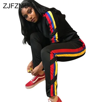 

Stripes Sporty 2 Piece Set Womens Clothing Hooded Long Sleeve Zipper Crop Jacket and Causal Pencil Pants Autumn Two Piece Set