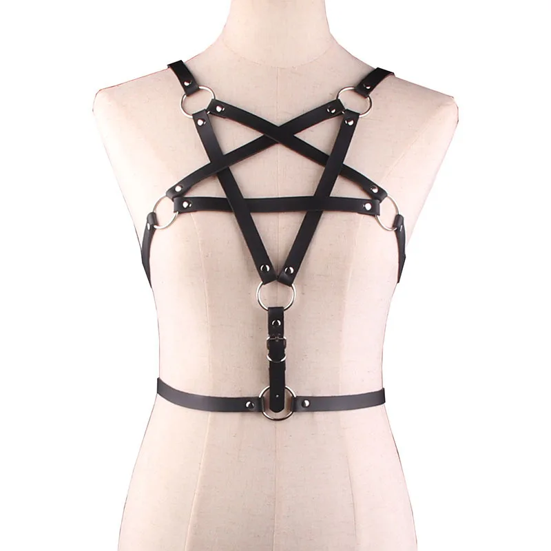 Goth Punk Streetwear PU Leather Body Harness Gothic Pentagram Chest Strap 16Color Sexy Luxury Ladies Bra Belts