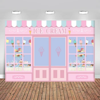 

Carton Pink Ice Cream Shop Store Purple Door Background Photography Vinyl Background birthday backdrop baby shower backdrop