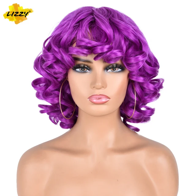 Short Hair Afro Curly Wig With Bangs Loose Synthetic Cosplay Fluffy Shoulder Length Natural Wigs For Black Women Dark Brown 14