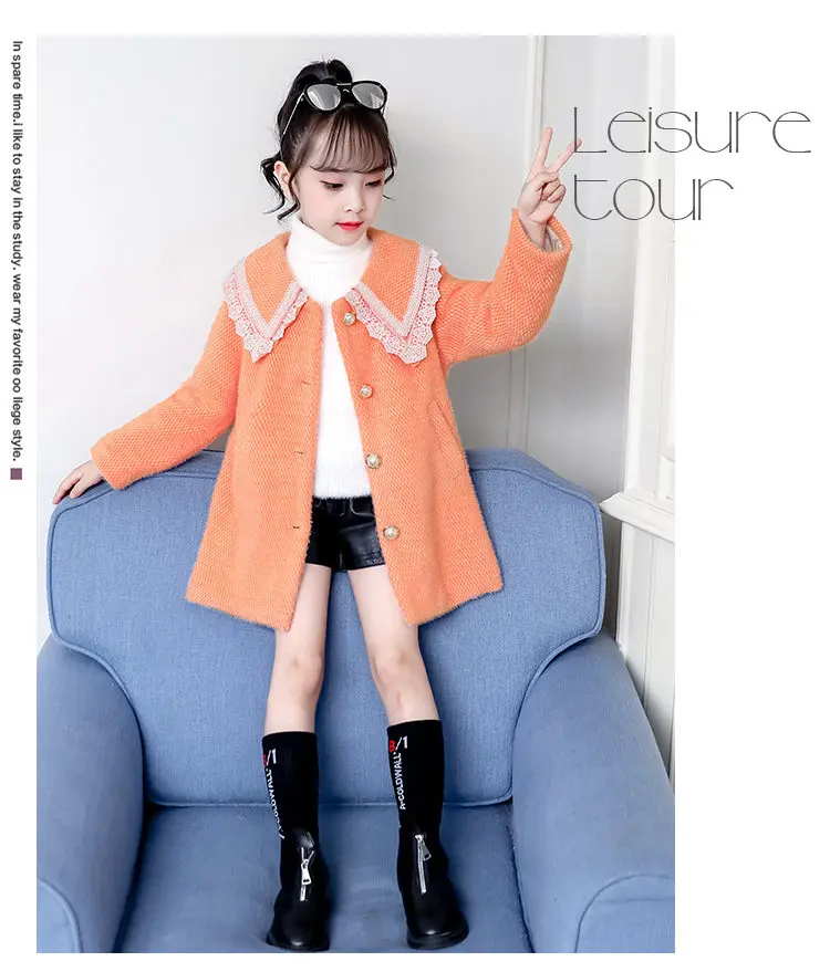 Girls Cashmere Crochet Lace Collar Coat New Fashion Big Children's Fur Girl Jacket Coat Woolen Outerwear High Quality 4-13Y