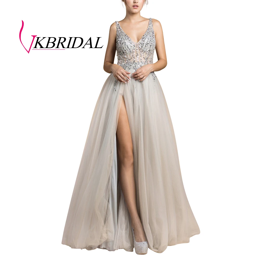 VKBRIDAL сексуальное вечернее платье с v-образным вырезом и блестками, с бусинами, а-силуэт, длинное, vestido de festa, с высоким разрезом, тюлевые торжественные платья для выпускного