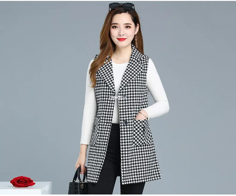 UHYTGF Sleeveless Women Jacket Single-Breasted Spring Autumn Vest Coat Fashion Plaid Casual Female 5XL Loose Size Waistcoat 1253